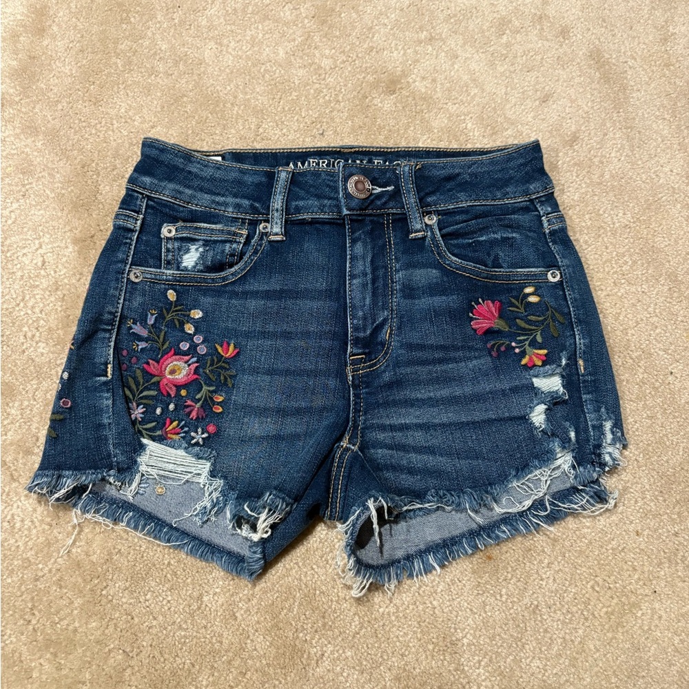 American Eagle Outfitters Blue Jean Shorts with Floral Embroidery